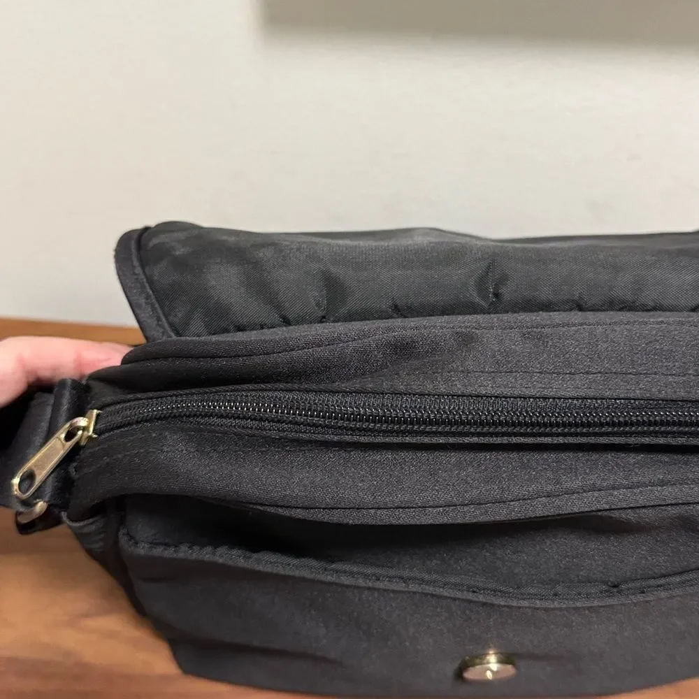 Carlos Falchi Sport Black Nylon Messenger Bag With Adjustable Strap/Gold Logo.
